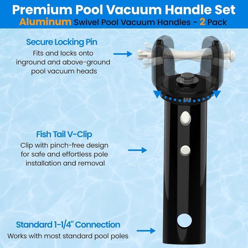 Poolvio Pool Vacuum Head Replacement Handles (2-Pack) – Heavy‑Duty Aluminum Swivel Handles with EZ Clips & Locking Pins – Fits Standard 1‑1/4″ Telescopic Pole & Pool Accessories - Image 2